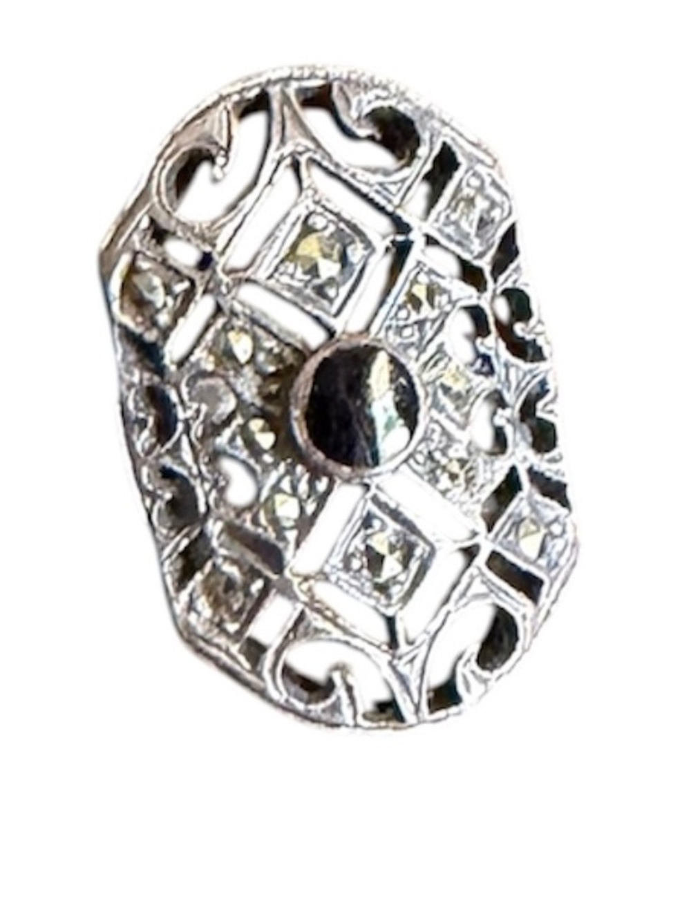 Vintage Art Deco Black Onyx and Marcasite Filigree Ring